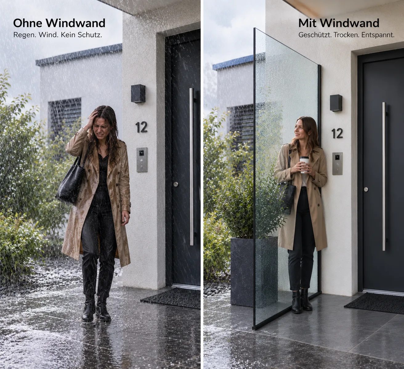 Links ein Hauseingang bei Regen ohne Windwand, rechts derselbe Eingang mit Glaswindwand